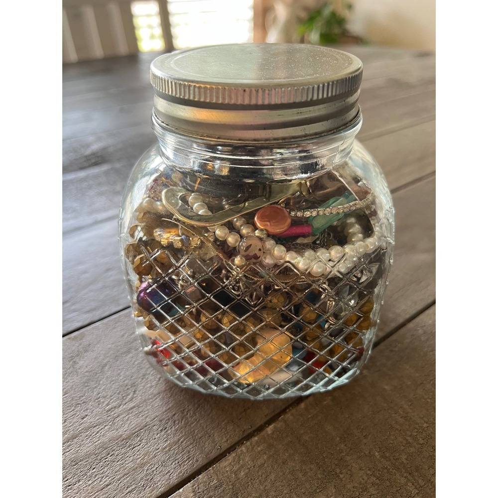 -SOLD-Vintage Costume Jewelry Jar Lot Jewelry Faux Pearl Rhinestone Bead